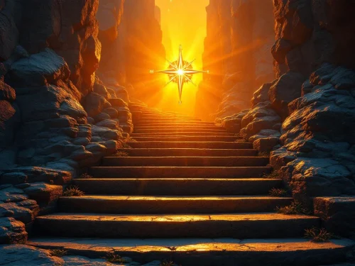 Gouden kompas op spiraalvormige stenen trappen die naar licht leiden, symboliseert richting en persoonlijke groei