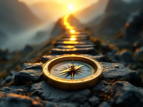 Gouden kompas wijst naar gloeiend pad door mistige bergen, symboliseert persoonlijke richting en leiderschapsontwikkeling
