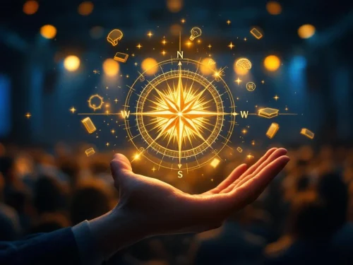 Gloeiend kompas zweeft boven open hand in conferentiezaal, omringd door zwevende boeken en gloeilampen als leiderschapssymbolen.
