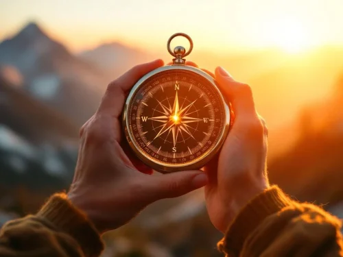 Handen houden gloeiend kompas in gouden licht met naald richting horizon, bergen op achtergrond bij zonsopgang