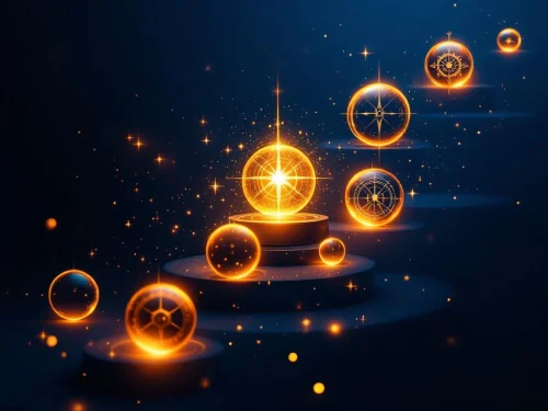 Zeven gouden lichtende bollen in spiraalvorm met leiderschapssymbolen tegen donkerblauwe achtergrond, centrale bol straalt het helderst