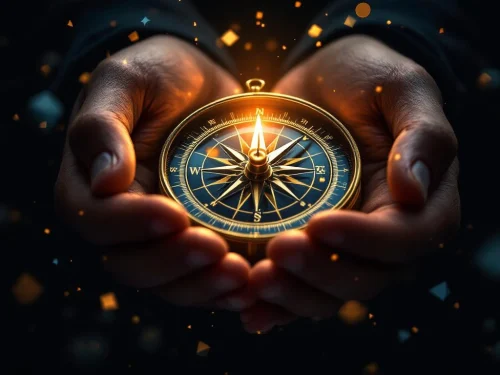 Handen houden gloeiend gouden kompas met 'LEIDERSCHAP' op wijzerplaat, omringd door geometrische vormen in blauw en goud