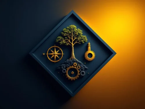 Vier leiderschapssymbolen in diamantvorm: gouden kompas, eikenboom, tandwielen en vuurtoren op blauw-gouden achtergrond