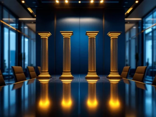 Vier gouden verlichte pilaren op vergadertafel in moderne boardroom, symboliserend leiderschap principes