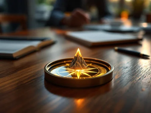 Gloeiend kompas op houten conferentietafel wijst naar bergpiek, met notitieboek en pen, warme professionele belichting