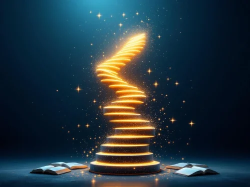 Gouden lichtstralen vormen spiraalvormige trap naar boven, met zwevende boeken en kennissymbolen aan de basis