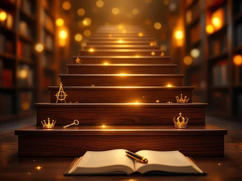 Houten trap met gloeiende treden die naar licht leidt, gouden leiderschapssymbolen en open notitieboek met pen