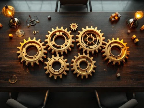 Vier gouden tandwielen op donkere houten tafel met kompas, weegschaal en gloeilamp voor leiderschapsrollen