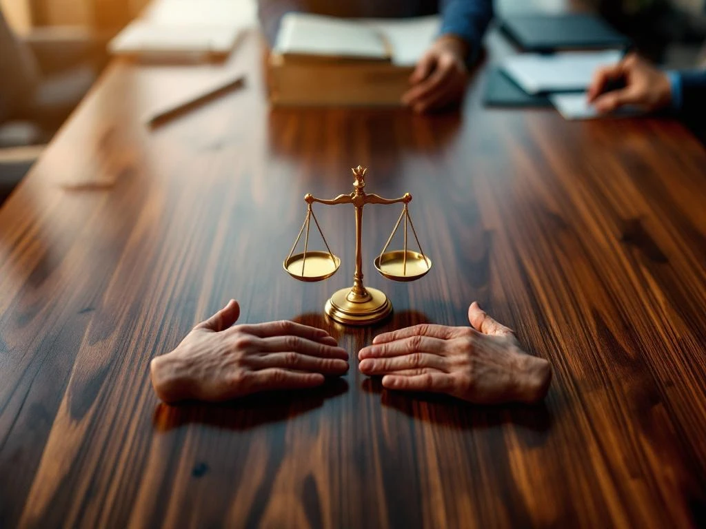 Drie leiderschapssymbolen in driehoekformatie op houten vergadertafel: gouden kroon, weegschaal en open hand