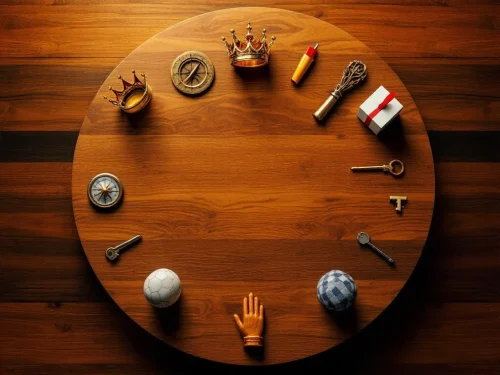 Acht leiderschapssymbolen in cirkel op houten vergadertafel: kroon, kompas, fluitje, stembus, herdersstaf, dirigeerstok, sleutel, helpende hand