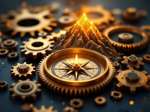 Gouden kompas wijst naar gloeiende bergpiek, omringd door bronzen tandwielen, symboliseert persoonlijke groei en ontwikkeling.