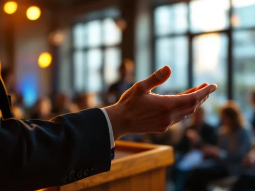 Zelfverzekerde handen tijdens presentatie in moderne conferentieruimte met warme verlichting en houten podium